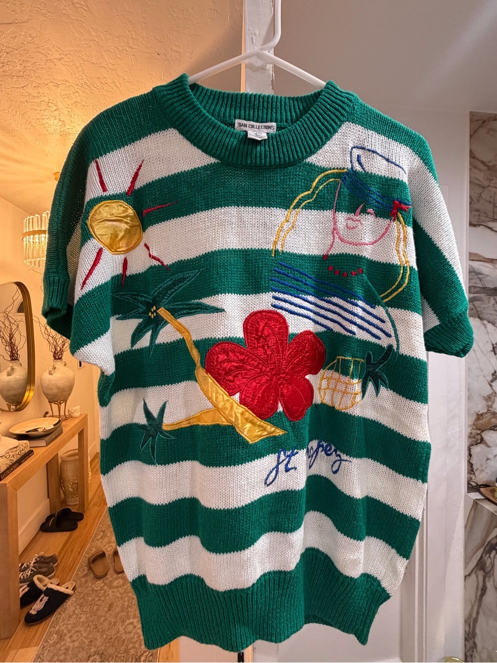 Green and White Striped Embroidered Men’s Sweater